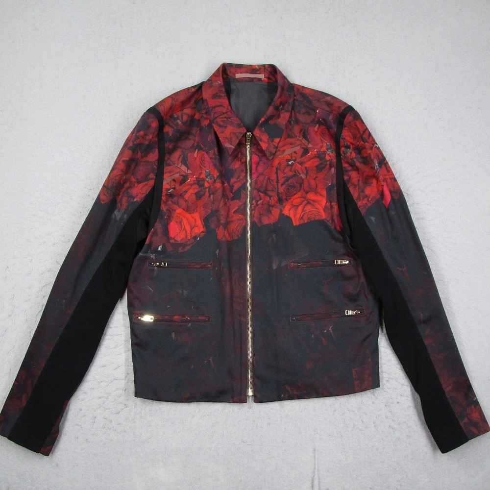 Paul Smith Mens Red Rose Floral Print Full Zip Jacket Black Gold Hardware Size M